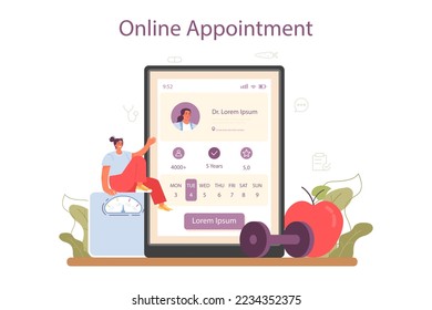 Nutritionist online service or platform. Nutrition therapy with healthy food and physical activity. Weight loss program. Online appointment. Flat vector illustration