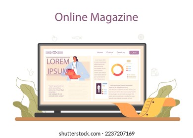 Nutritionist online service or platform. Nutrition therapy with healthy food and physical activity. Weight loss program. Online magazine. Flat vector illustration