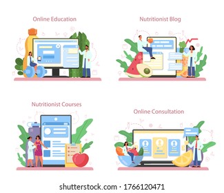 Nutritionist online service or platform set. Diet plan with healthy food and physical activity. Online education, nutritionist blog, online consultation, courses. Vector illustration in cartoon style