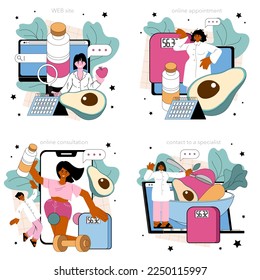 Nutritionist online service or platform set. Nutrition therapy with balanced diet plan and physical activity. Online appointment, consultation, contacts, website. Flat vector illustration