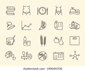 Nutritionist outline icons set. Dieting, food, fit body and other signs and symbols. Pictograms for overweight treatment. Editable Strokes. Set of isolated flat vector illustrations