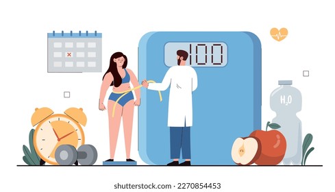 Nutritionist with patient. Man with measuring tape and scales evaluates mass index of fat woman and makes nutrition plan. Diet and weight loss, healthy eating. Cartoon flat vector illustration