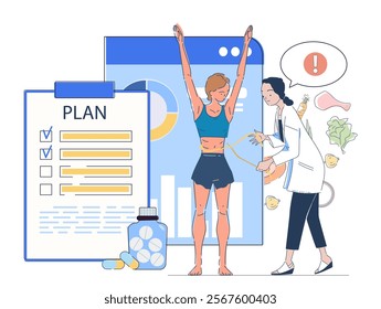 Nutritionist with patient. Woman in medical uniform with young girl. Active lifestyle and sports. Proper nutrition and diet with vitamins. Weight loss. Linear vector illustration