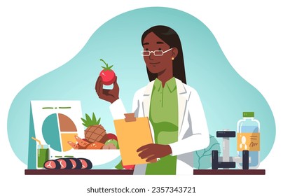 Nutritionist person with healthy diet plan. Dietitian doctor woman holding vegetable, weight loss nutrition and fitness program. Food eating specialist consultation flat vector illustration