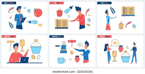 Nutritionist program and diet, healthy and unhealthy food, cooking recipes from cookbook set vector illustration. Cartoon tiny people use culinary book to cook breakfast or romantic dinner menu