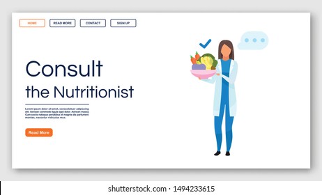 Nutritionist recommendations landing page vector template. Consulting dietitian website interface idea with flat illustrations. Healthy food homepage layout. Web banner, webpage cartoon concept