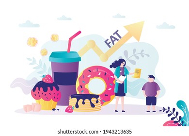 Nutritionist recommending to restrict sweets. Obese boy listens to doctor advice. Concept of junk food and treatment. Obesity problem in children. Various sweets on background.Flat vector illustration