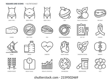 Nutritionist related, pixel perfect, editable stroke, up scalable square line vector icon set.  svg