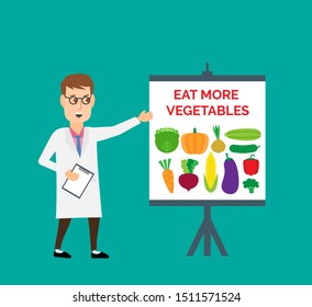 nutritionist showing healthy veggie placard. eat more vegetables concept