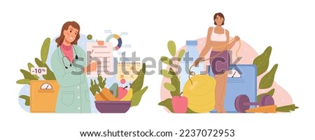 Nutritionist specialist making diet plan, dietitian with recommendation for healthy eating habits. Consuming vegetables and fruits. Flat cartoon character, vector illustration