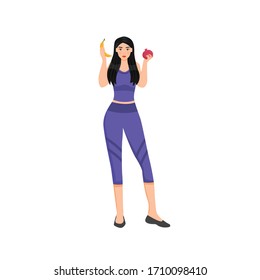 Nutritionist, sportswoman, girl with fruits flat color vector character. Healthy nutrition, dietary menu planning isolated cartoon illustration for web graphic design and animation