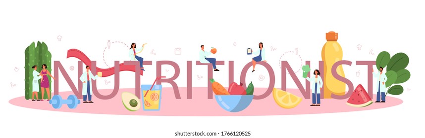 Nutritionist typographic header concept. Diet plan with healthy food and physical activity. Calorie control and diet concept. Vector illustration in cartoon style