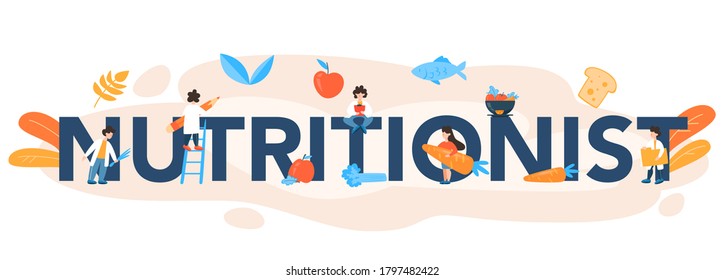 Nutritionist typographic header concept. Diet plan with healthy food and physical activity. Calorie control and diet concept. Vector illustration in cartoon style