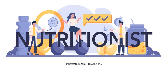 Nutritionist typographic header. Nutrition therapy with healthy food and physical activity. Weight loss program and diet concept. Vector illustration in cartoon style