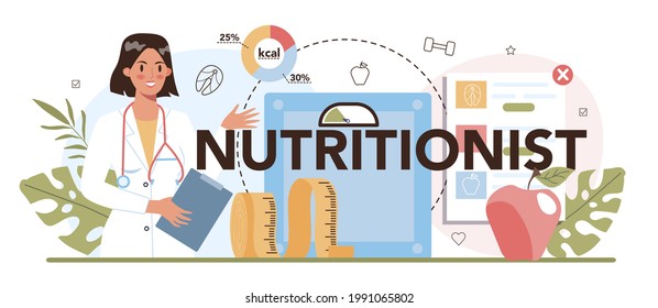 Nutritionist typographic header. Nutrition therapy with healthy food and physical activity. Weight loss program and diet plan. Vector illustration in cartoon style