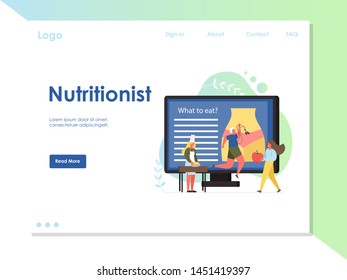 Nutritionist vector website template, web page and landing page design for website and mobile site development. Healthy eating nutrition concept with dietician advising clients on which foods to eat.