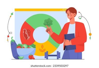 Nutritionist with vegetables concept. Man with notepad on background of diagram with natural and organic products. Proper nutrition and healthy eating, diet. Cartoon flat vector illustration