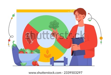 Nutritionist with vegetables concept. Man with notepad on background of diagram with natural and organic products. Proper nutrition and healthy eating, diet. Cartoon flat vector illustration