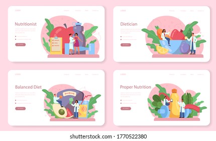 Banner nutricionista o página de inicio. Plan dietético con alimentación saludable y actividad física. Control de calorías y concepto de dieta. Ilustración vectorial en estilo de caricatura