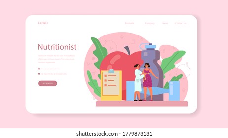 Nutritionist web banner or landing page. Diet plan with healthy food and physical activity. Calorie control and diet concept. Vector illustration in cartoon style