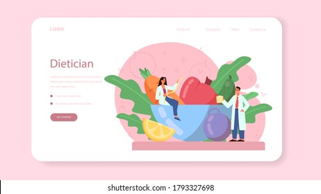 Nutritionist web banner or landing page. Diet plan with healthy food and physical activity. Calorie control and diet concept. Vector illustration in cartoon style