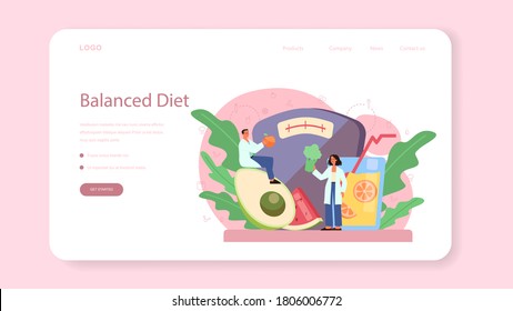 Banner nutricionista o página de inicio. Plan dietético con alimentación saludable y actividad física. Control de calorías y concepto de dieta. Ilustración vectorial en estilo de caricatura