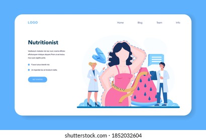 Nutritionist web banner or landing page. Nutrition therapy with healthy food and physical activity. Dietology consultation concept. Vector illustration in cartoon style