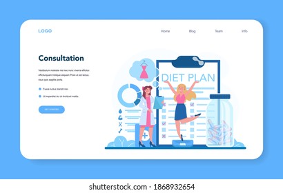 Nutritionist web banner or landing page. Nutrition therapy with healthy food and physical activity. Dietology consultation concept. Vector illustration in cartoon style