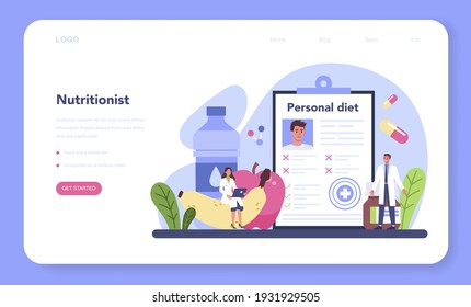 Nutritionist web banner or landing page. Nutrition therapy with healthy food and physical activity. Weight loss program and diet concept. Vector illustration in cartoon style