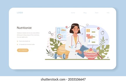 Nutritionist web banner or landing page. Nutrition therapy with healthy food and physical activity. Weight loss program and diet plan. Vector illustration in cartoon style