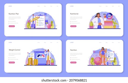 Nutritionist web banner or landing page set. Nutrition therapy with healthy food and physical activity. Weight loss program and diet plan. Vector illustration in cartoon style