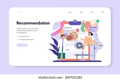 Nutritionist web banner or landing page. Nutrition therapy with healthy food and physical activity. Weight loss recommendation and diet plan. Vector illustration in cartoon style