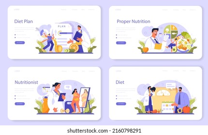 Nutritionist web banner or landing page set. Nutrition therapy with healthy food and physical activity. Weight loss program and diet plan. Vector illustration in cartoon style