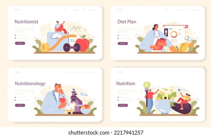 Nutritionist web banner or landing page set. Nutrition therapy with healthy food and physical activity. Weight loss program and diet plan. Vector illustration in cartoon style