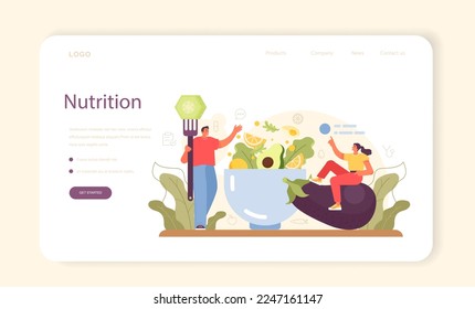 Banner nutricionista o página de inicio. Terapia nutricional con alimentos sanos y actividad física. Programa de pérdida de peso y plan de dieta. Ilustración vectorial en estilo de caricatura