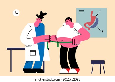 Nutritionist and weight loss concept. Make doctor standing and measuring waist of fat oversize man preparing him for surgery gastrectomy in clinic vector illustration