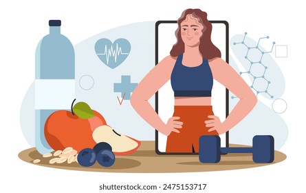 Nutritionist woman concept. Young girl on smartphone screen near fruits and dumbbells. Active and healthy lifestyle, sports. Proper diet and nutrition with vitamins. Cartoon flat vector illustration