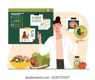 Nutritionist at workplace. Woman with vegetables and fresh salad makes up diet. Health care, balanced nutrition. Vegetarianism and farming, poster or banner. Cartoon flat vector illustration