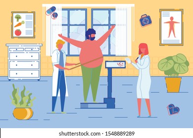 Nutritionists or Dietician Counselor Doctors Weigh on Scales Overweight Patient Man. Weight Loss with Medicine Specialists Professional Support. Detox or Weight Watch Clinic. Flat Vector Illustration.