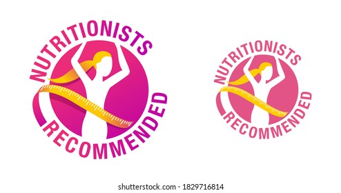 Nutritionists recommended emblem -  Weight loss diet food logo (isolated button) - abstract woman silhouette with measuring tape