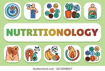 nutritionology text concept. Shablon for presentation and Infographics. Minimal Clean Icons for Apps and Websites.