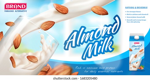 Nutritious almond milk banner ads with liquid and seeds pouring into glass cup on bokeh background, 3d illustration