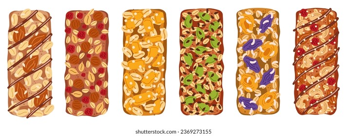 Nutritious Assortment Of Granola Bars, Packed With Wholesome Ingredients Like Oats, Nuts, And Dried Fruits. Perfect For On-the-go Snacking, Providing Energy And Flavor. Cartoon Vector Illustration