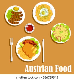 Nutritious austrian dishes of ham hock served with fried potatoes and fresh carrot, grilled vienna sausages with mustard and ketchup sauces, fried potato with egg and spaetzle noodles