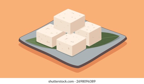 Os cubos nutritivos de tofu bege, uma proteína versátil à base de plantas, são artisticamente dispostos em uma placa cinza com uma folha verde contra um fundo laranja quente.