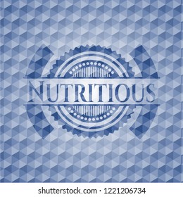 Nutritious blue badge with geometric pattern background.
