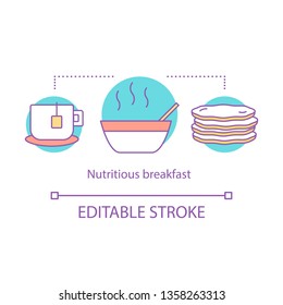 Nutritious breakfast concept icon. Brunch. Cup of tea, hot meal, pancakes. Nourishing food. Lunch idea thin line illustration. Vector isolated outline drawing. Editable stroke