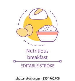 Nutritious breakfast concept icon. Healthy meal. Balanced brunch. Bread, eggs, porridge. Diet food. Nourishing food idea thin line illustration. Vector isolated outline drawing. Editable stroke