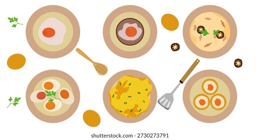 Ein reichhaltiges Frühstücksmenü mit frischen Eiern. Vektordesign-Elemente auf weißem Hintergrund.