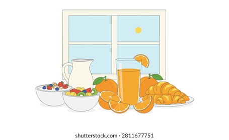 Nutritious breakfast scene featuring orange juice and assorted fruits by a window with a sunny morning glow.
